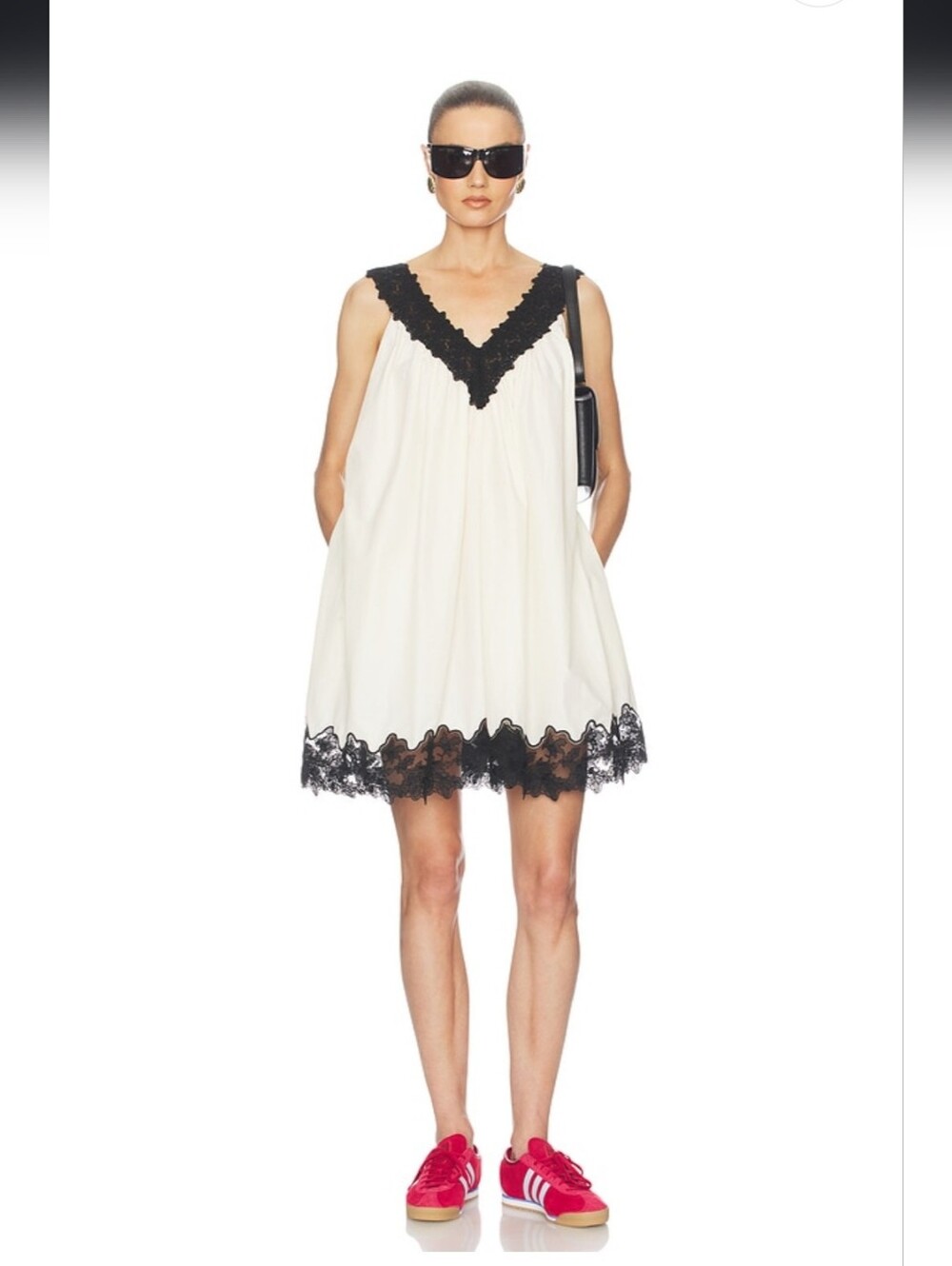 White Mini Dress with Black Lace Trim - Elegant V-Neck